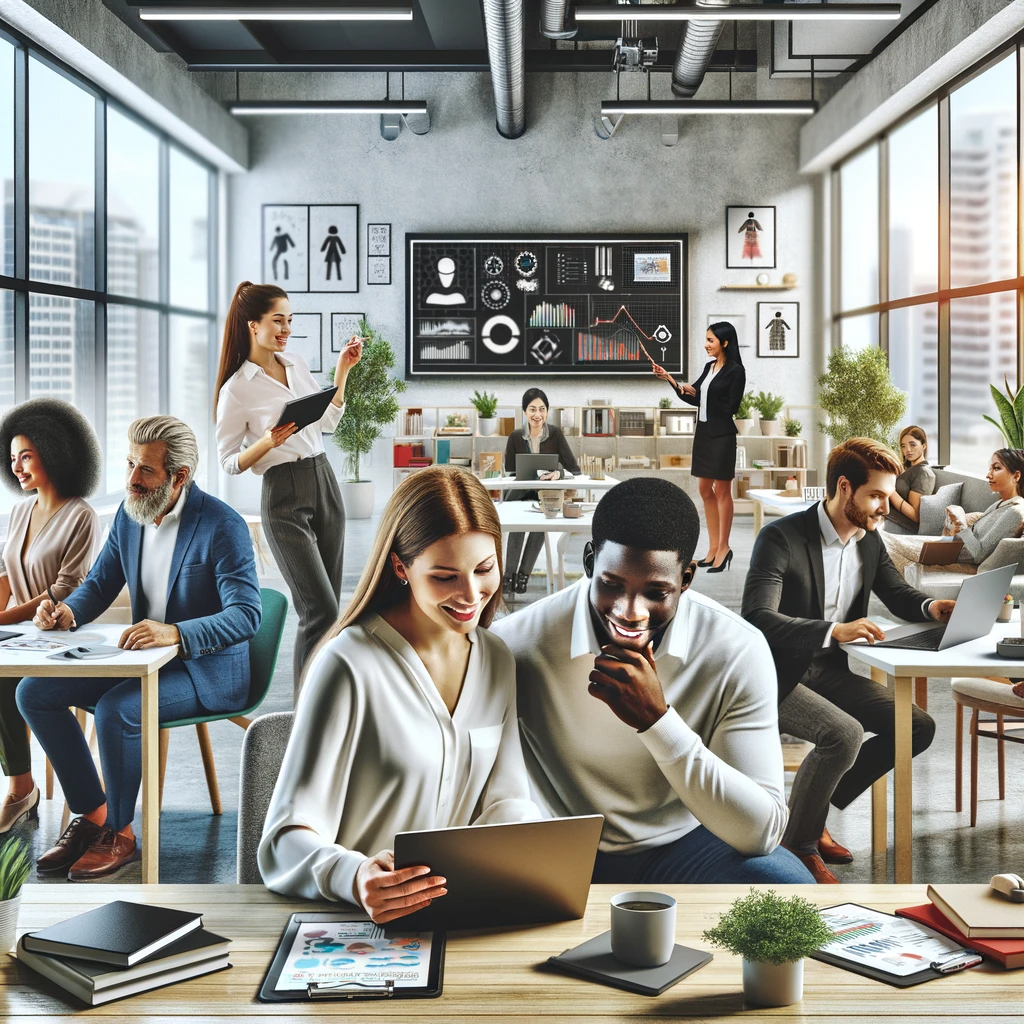 DALL·E 2023-11-24 12.10.17 - A symbolic representation of employee engagement and retention in a modern office setting. The image shows a diverse group of employees working harmon